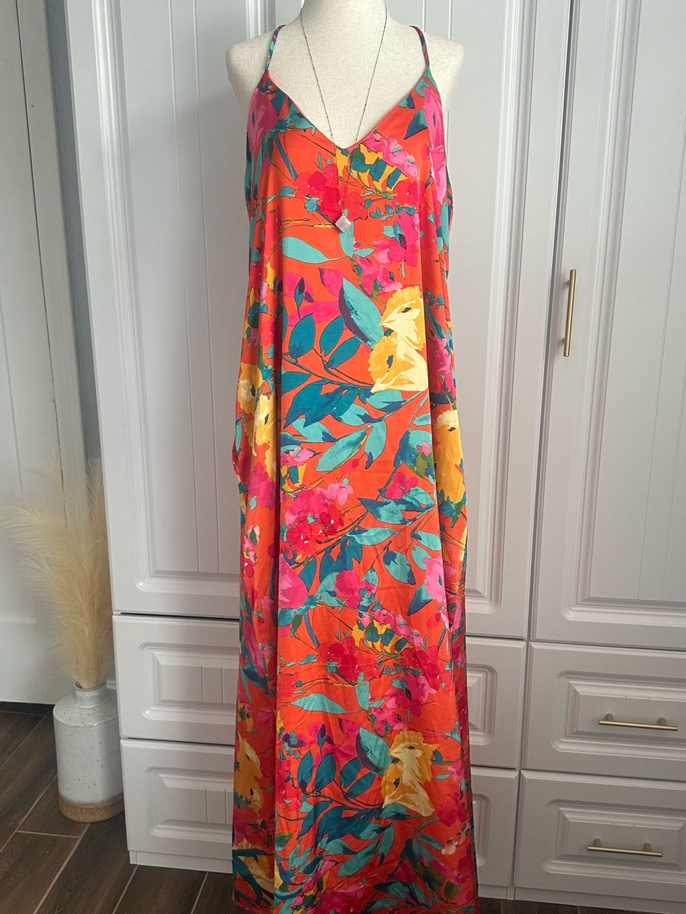Chetta B Orange Floral Slip Maxi Dress with Pink & Teal Accents & Pockets